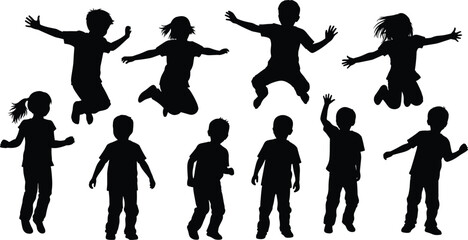 Silhouettes of children jumping and standing, black figures, playful posture, expressive gesture, white background, childhood movement and activity illustration