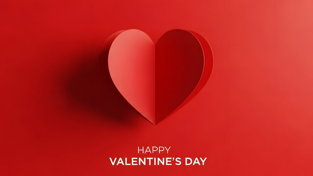 Red Paper Heart Folded in Half Casting a Shadow on a Red Gradient Background love Valentine's Day
