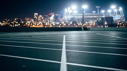 Empty running track at night with city skyline background