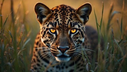 Leopard lurks in savanna grass at sunset. Its glowing orange eyes stare forward intently. This big cat is perfectly camouflaged, a master hunter in its natural habitat. Wild predator waits patiently.