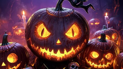 Glowing pumpkins and flickering candles in a spooky halloween forest night