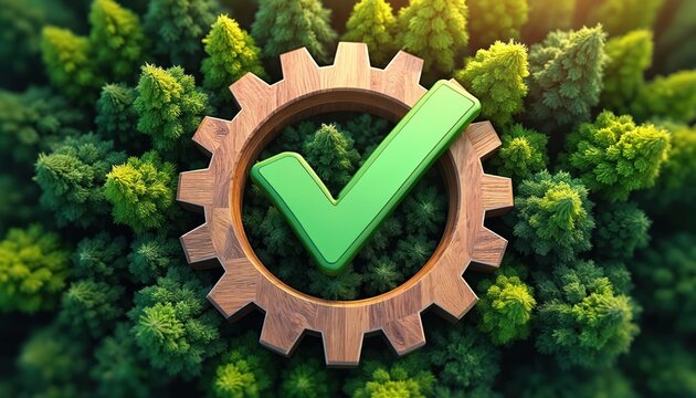 Wooden gear with green checkmark is centered within rich green forest. Symbolizes environmental compliance and sustainable practices for eco-friendly initiatives. Nature based solution approved.