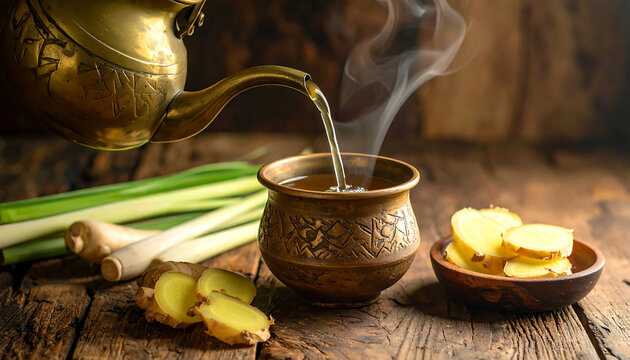 Steaming cup of Wedang Jahe (ginger drink) being poured from brass kettle
