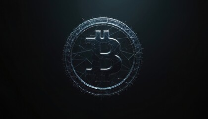 Abstract digital bitcoin symbol on dark background. Futuristic polygonal wireframe mesh structure. Modern crypto coin network technology concept.