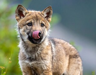 Fototapeta premium Close-up of a young canine licking its pink tongue