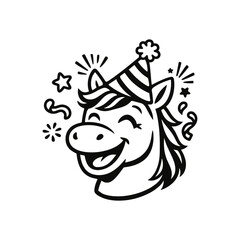 Adorable black and white line art illustration of a smiling unicorn wearing a festive party hat with confetti and stars around. Minimal outline cartoon style with clean contours and playful expression