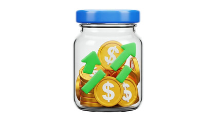 3D Money Jar with Growing Arrows and Coins on transparent background