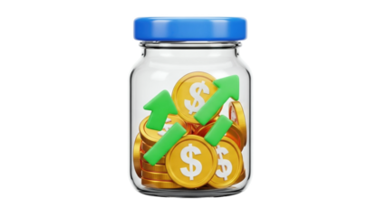 3D Money Jar with Growing Arrows and Coins on transparent background