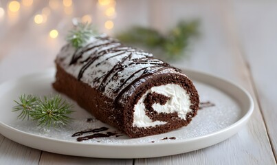 A beautifully presented Christmas chocolate yule log cake (tronchetto al cacao) with creamy mascarpone filling.