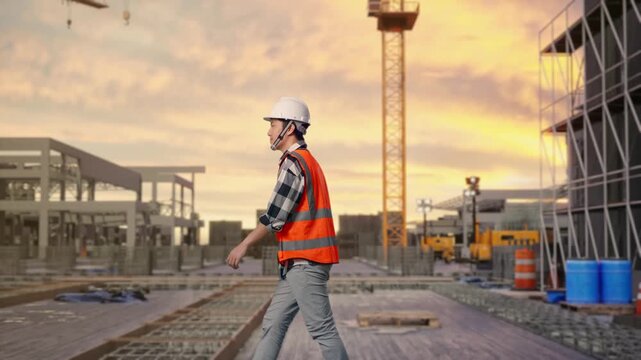 Side View of Asian Male Engineer Walking at Construction Site while Sunset with Tower Cranes and Building Foundations