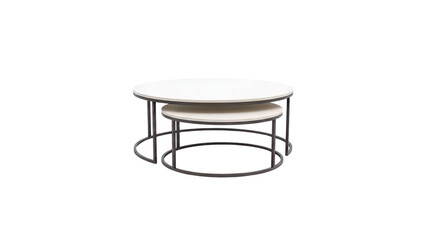 3D Nesting Coffee Tables with White Round Tops and Metal Frames on transparent background