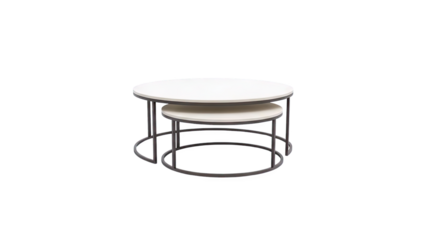 3D Nesting Coffee Tables with White Round Tops and Metal Frames on transparent background