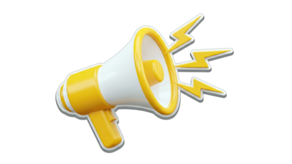 3D Megaphone with lightning bolts on transparent background