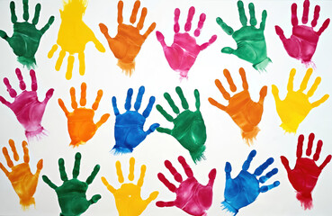 Fototapeta premium Multicolored handprints, footprints adorn white background. Various colors like green, yellow, orange, pink, blue, red used. Abstract painted prints suggesting children art, creative expression.