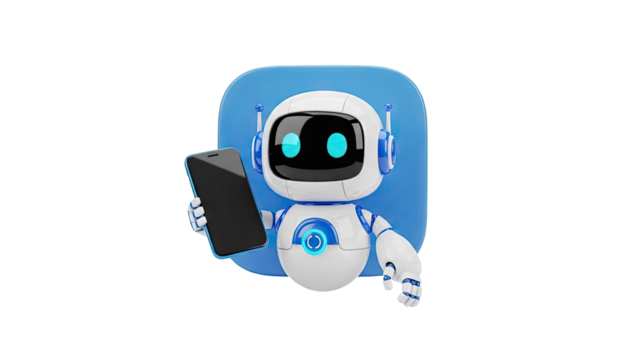 3D Cute robot holding a smartphone on transparent background - Powered by Adobe