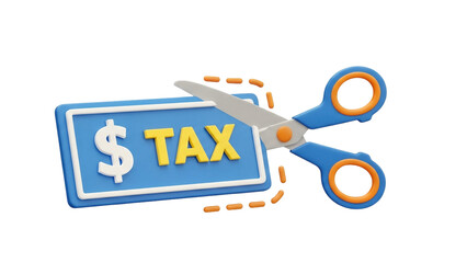 3D Scissors cutting the word TAX with a dollar sign on transparent background