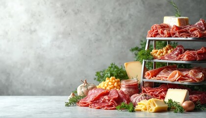 Assortment of cured meats and cheeses displayed tiered. Ingredients for charcuterie board include salami, prosciutto, olives, garlic, and herbs. Ready for party or gourmet meal.