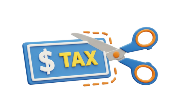 3D Scissors cutting the word TAX with a dollar sign on transparent background - Powered by Adobe