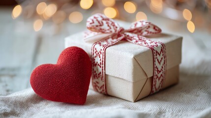 Red textile heart and wrapped gift box with decorative ribbon on fabric, featuring festive bokeh lights