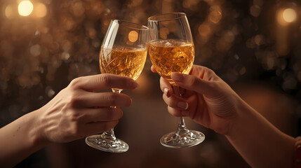 Two people clinking champagne glasses in a festive toast with warm bokeh lights in the background, celebrating a special occasion.