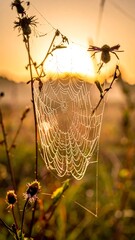 Dew-kissed spiderweb glistens in golden light against a field, creating an ethereal, serene morning vista