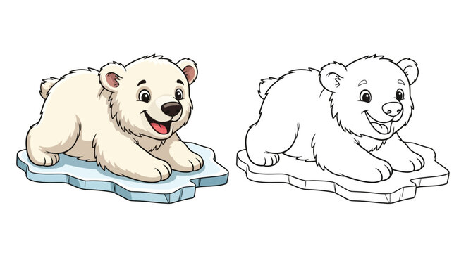 Playful Polar Bear on Ice: A charming cartoon of a polar bear cub lying on an ice floe. Capturing the innocence of this adorable arctic mammal with two different version.