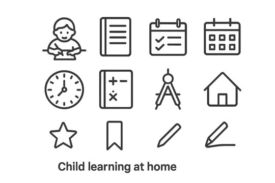 Child Learning Icons. Child learning at home. Line outline icon set of Child learning at home: child doing
