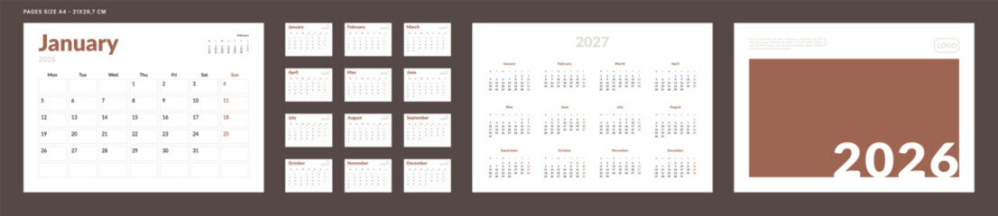 2026 Calendar Planner Set of Template grid Monthly Page, Cover with Place for Photo, Company Logo, Annual 2027. Vector layout of wall or desk organizer calend with week start Monday in print. Pages A4