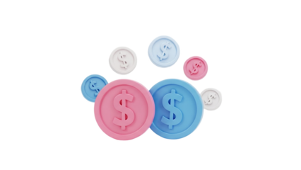 3D Pink and Blue Dollar Coins on transparent background