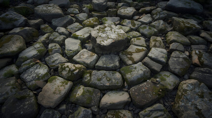 A detailed close-up view of a circular arrangement of moss-covered grey rocks and stones on the ground, forming a natural pattern.