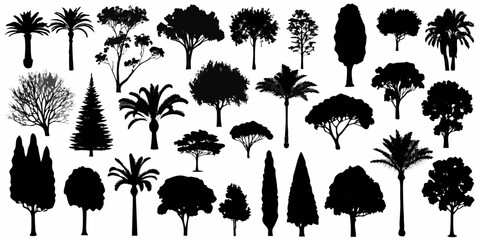 A collection of diverse tree silhouettes against a plain white background