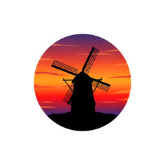 Fototapeta premium Pixel Art Windmill Silhouette at Sunset - Retro 8-bit Farm Landscape Dusk Scene Illustration Transparent Background