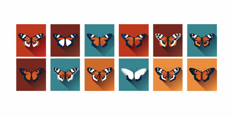 A colorful arrangement of butterflies depicted on square patterned backgrounds