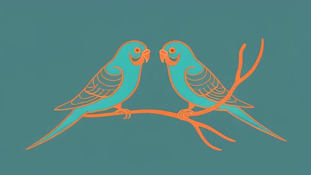 Two Parrots Perched on a Branch in a Stylized Illustration.