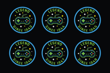 Retro gaming badges with vintage controller designs