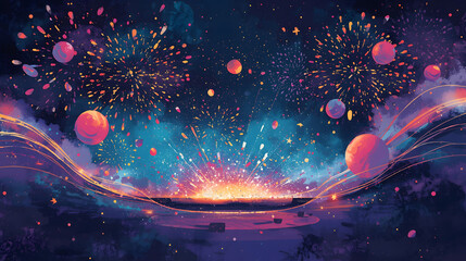 Vibrant fantasy landscape with fireworks illuminating a night sky over water, featuring glowing orbs and colorful light trails.