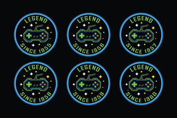 Vintage gaming badges with controller icons and legend text