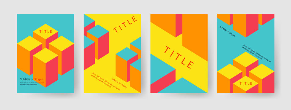 Bright 3D isometric cubes on colorful posters. Minimalist architectural blocks, geometric abstract shapes for book covers. Bauhaus style corporate identity, creative flyer layout or banner set. 
