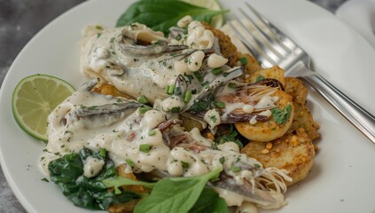 Culinary Creation. A Composition of Textures and Creamy Hues on a White Plate.