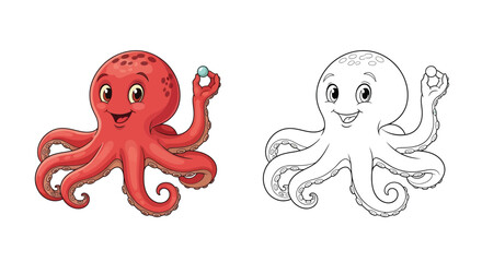 Playful Octopus: A charming, vibrant, and friendly octopus holds a pearl, radiating cheerfulness and oceanic charm. The illustration captures the essence of aquatic life.