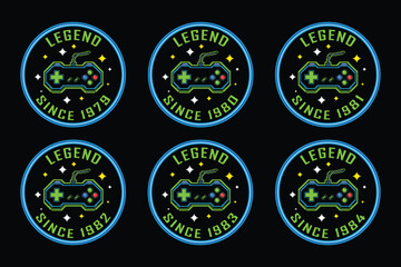 Retro gaming badges with controller designs and legend text