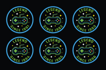 Retro gaming badges with legend since 1991 to 1996