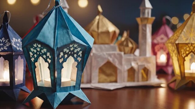Intricate Origami Mosque Miniature Model With Colorful Ramadan Lanterns Glowing Warmly With Soft Bokeh Lights In The Background Creating A Festive And Serene Atmosphere