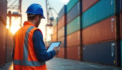Man in safety vest and helmet with tablet checks shipping containers. Logistics worker manages cargo at port with digital device. Maritime shipping yard operations.