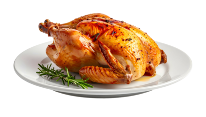 A whole roasted poultry piece sits on a white plate, garnished with a sprig of fresh herb against a dark background