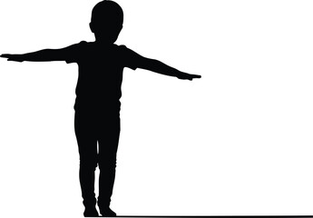 Silhouette of Child Balancing with Outstretched Arms on White Background
