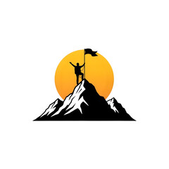 Peak Achievement: Mountain Climber Celebrates Summit Triumph with Flag at Sunset. Success, Ambition, Motivation, Challenge, Adventure on Top. Transparent Background