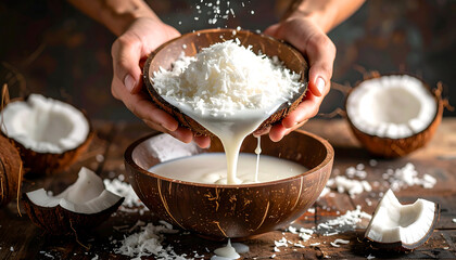 A studio shot of coconut milk being squeezed from grated coconut into a bowl focusing on the white liquid and textured coconut with hands visible.