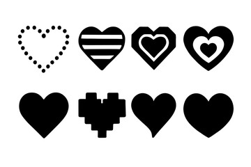Black Heart Icons. Heart patterns. Filled icon set of Heart patterns: dotted heart, striped heart, geometric