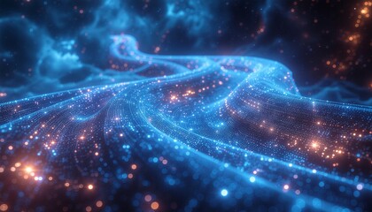 Image depicting money flowing through a digital pipeline with glowing lines and coins.